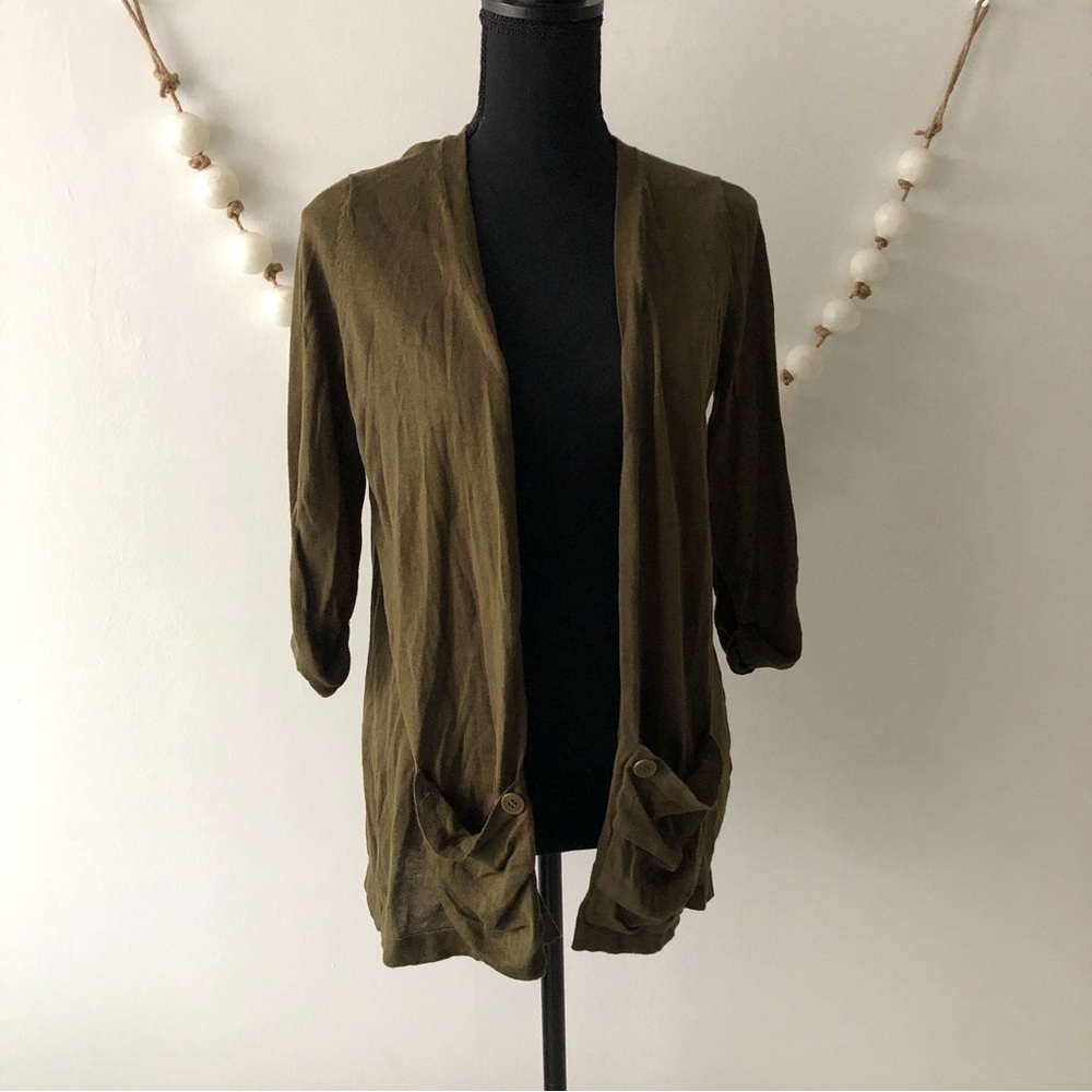 Pink Rose Olive Green Open Cardigan Women's XL 3/4 Sleeves
